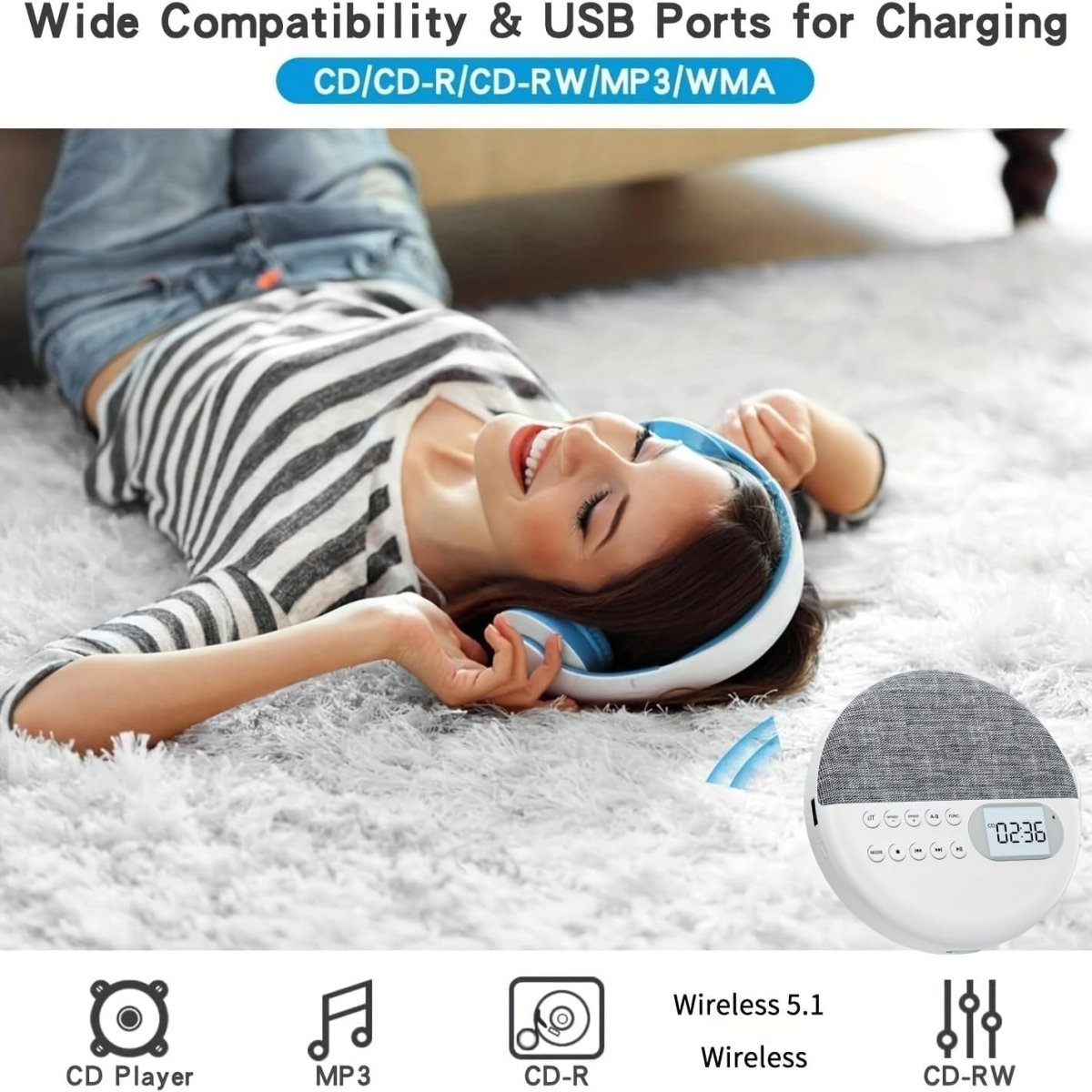 Rechargeable Portable CD Player Dual Speakers Anti Skip USB AUX LCD - Kwikley