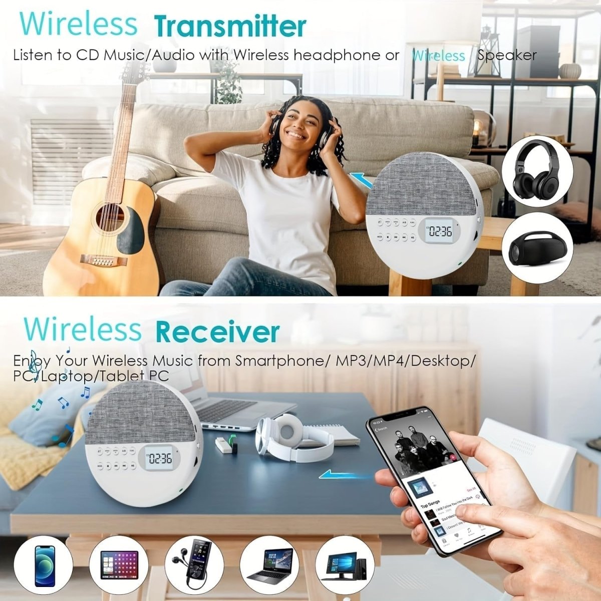Rechargeable Portable CD Player Dual Speakers Anti Skip USB AUX LCD - Kwikley