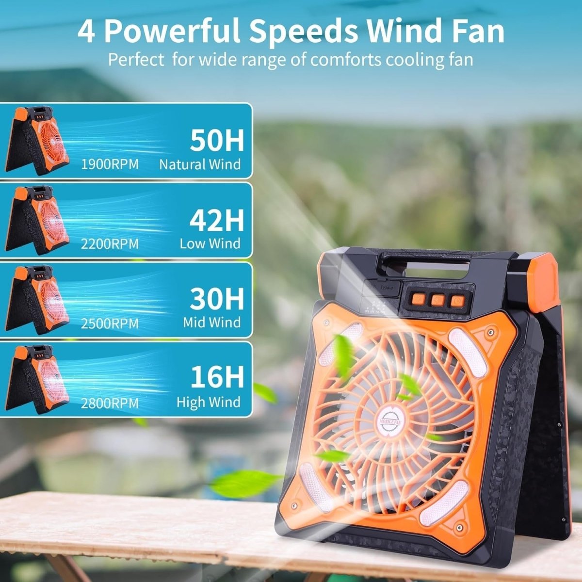 Rechargeable Solar Camping Fan – LED Light Portable Timer Cooling Fan Orange X98 - Kwikley