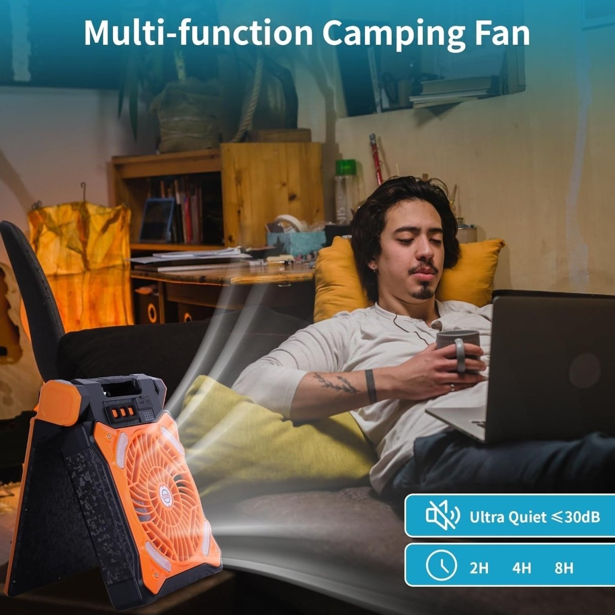 Rechargeable Solar Camping Fan – LED Light Portable Timer Cooling Fan Orange X98 - Kwikley