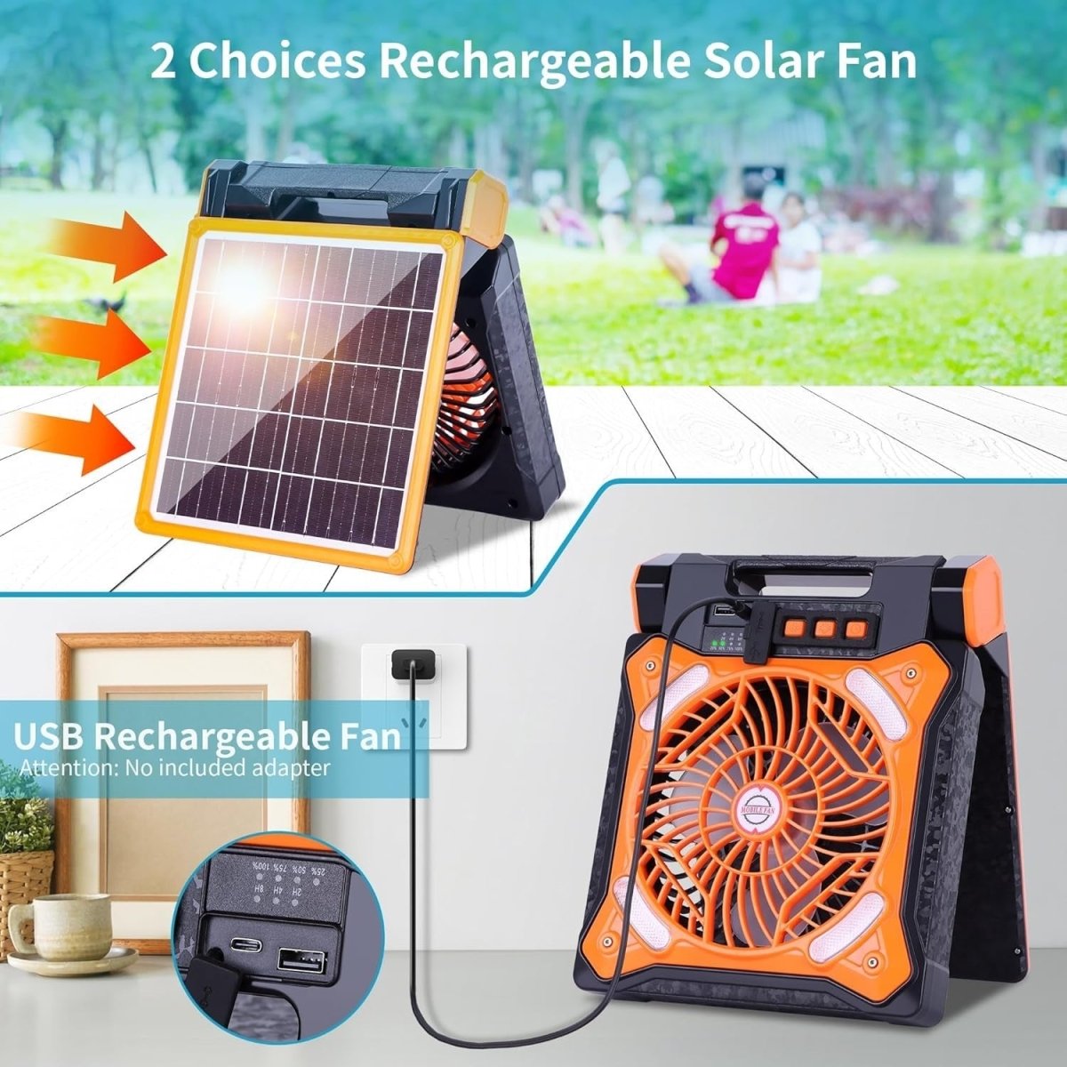 Rechargeable Solar Camping Fan – LED Light Portable Timer Cooling Fan Orange X98 - Kwikley