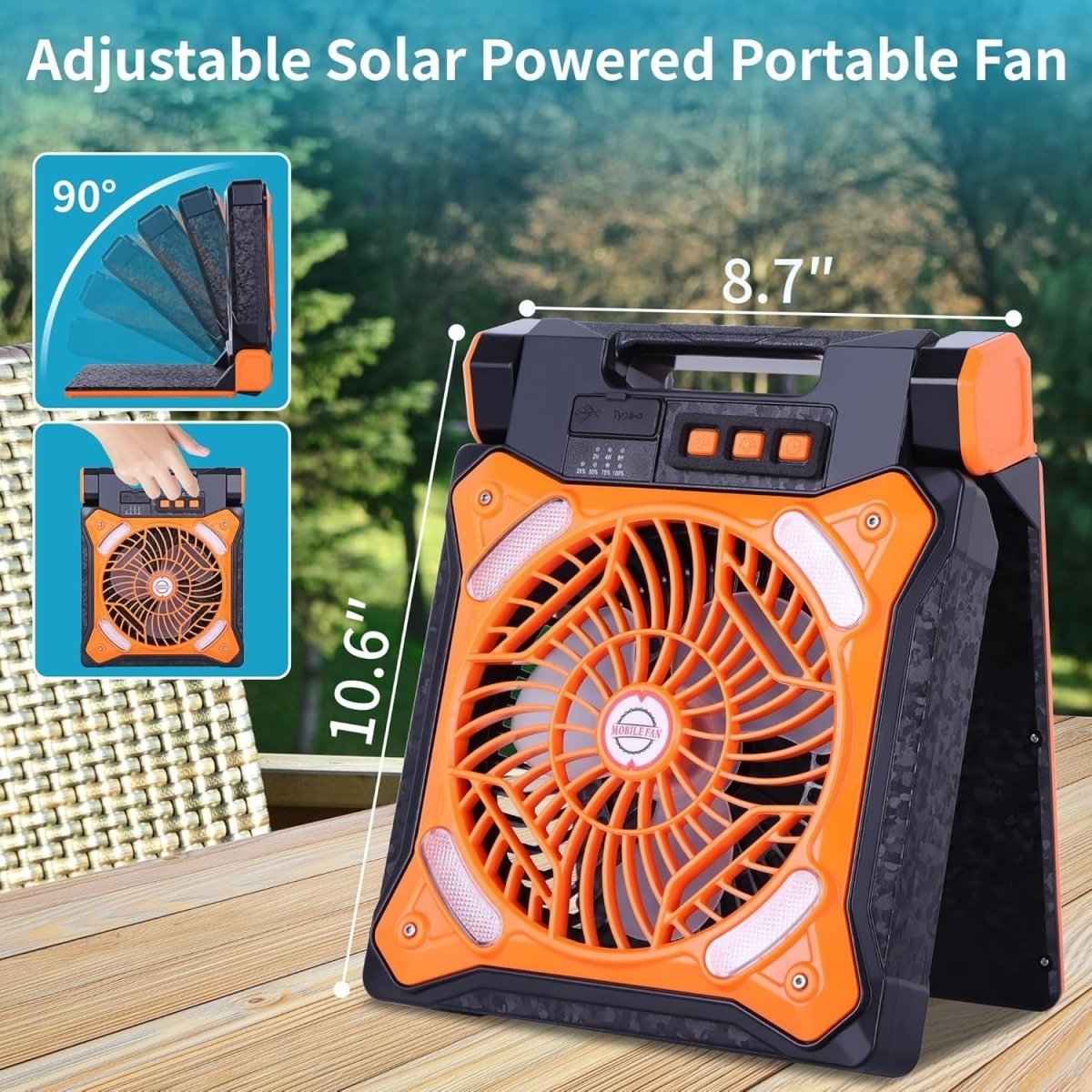 Rechargeable Solar Camping Fan – LED Light Portable Timer Cooling Fan Orange X98 - Kwikley