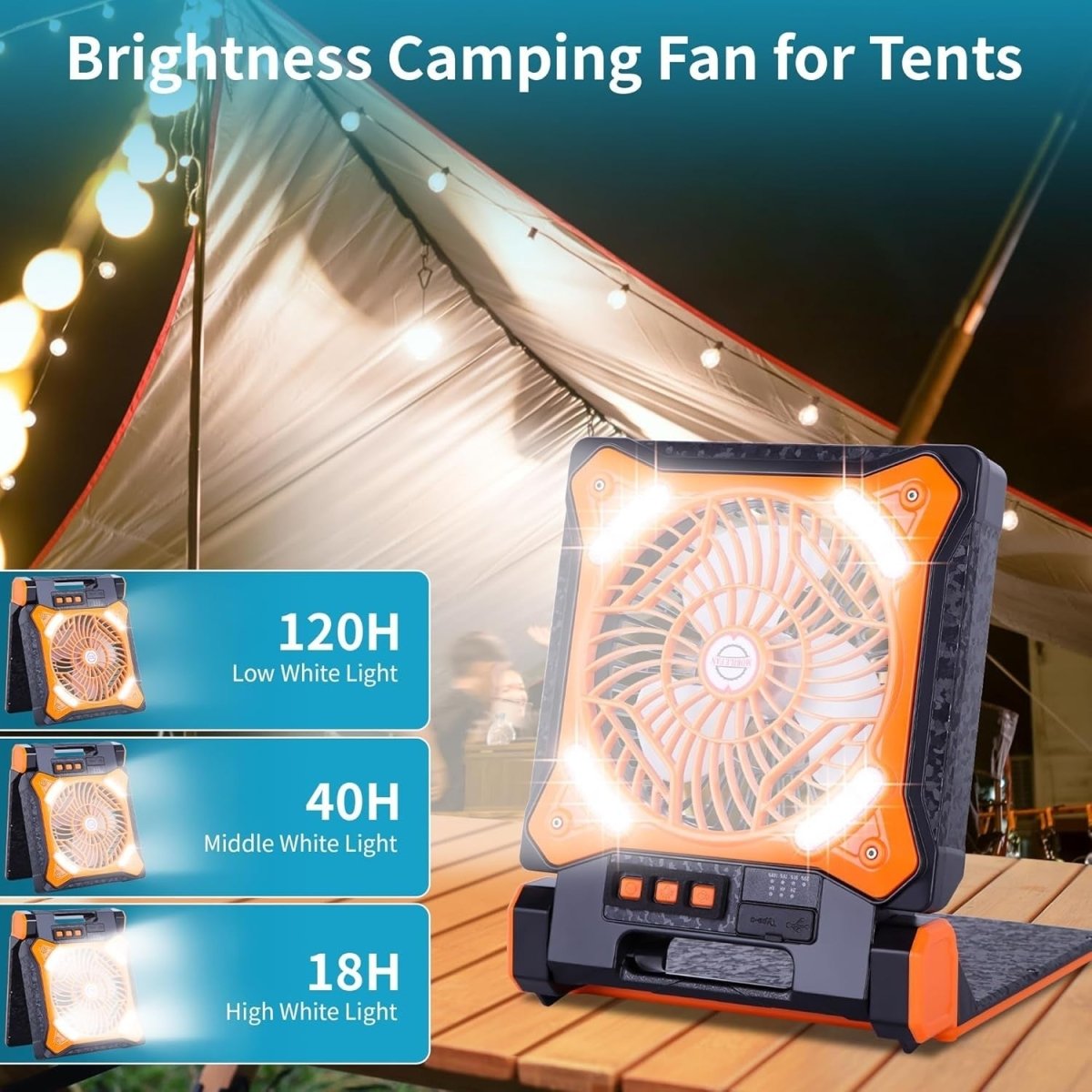 Rechargeable Solar Camping Fan – LED Light Portable Timer Cooling Fan Orange X98 - Kwikley