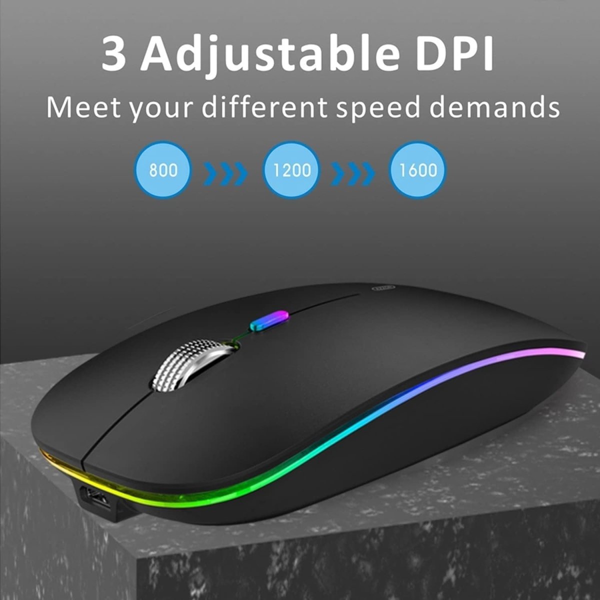 Rechargeable Wireless Mouse 2.4G Silent USB Slim LED Black - Kwikley
