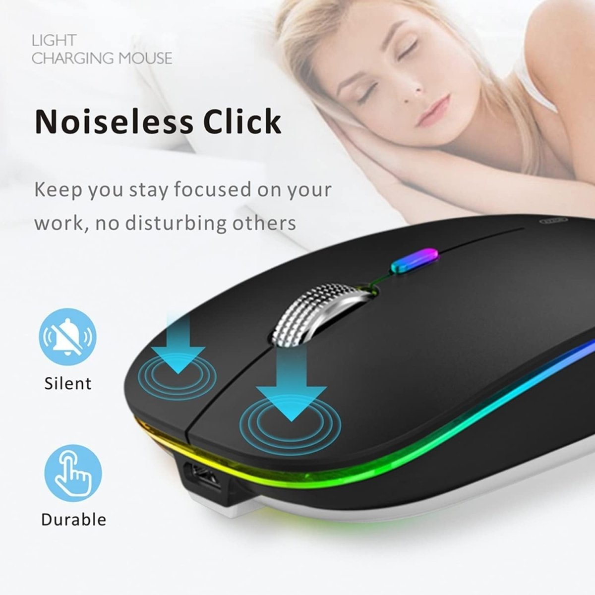 Rechargeable Wireless Mouse 2.4G Silent USB Slim LED Black - Kwikley