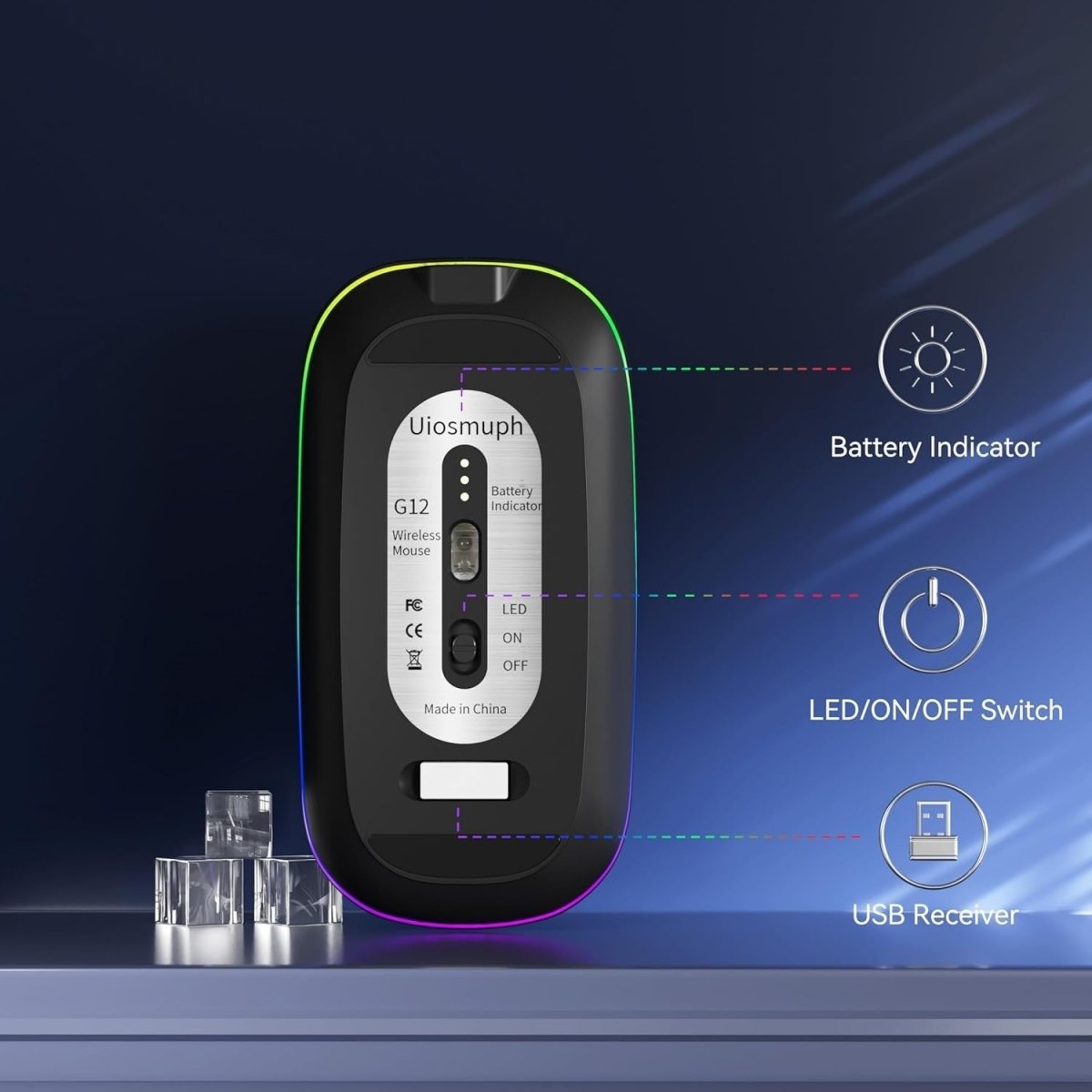 Rechargeable Wireless Mouse 2.4G Silent USB Slim LED Black - Kwikley