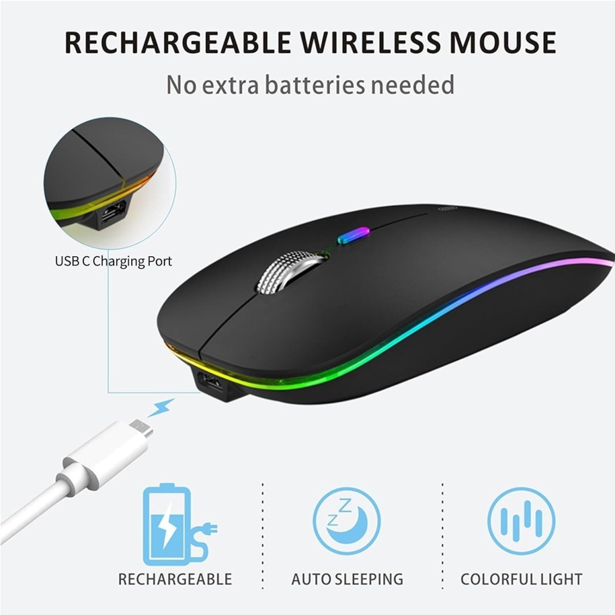 Rechargeable Wireless Mouse 2.4G Silent USB Slim LED Black - Kwikley