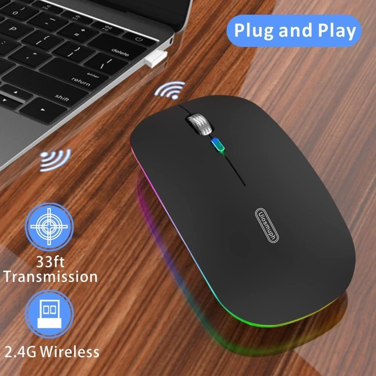 Rechargeable Wireless Mouse 2.4G Silent USB Slim LED Black - Kwikley