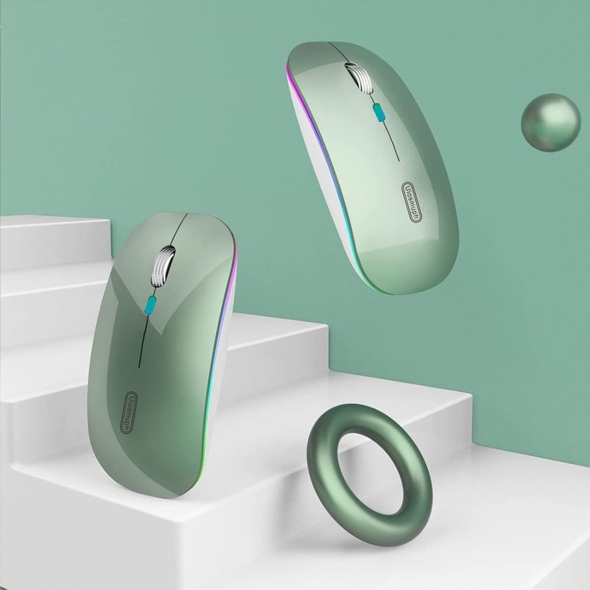 Rechargeable Wireless Mouse 2.4G Silent USB Slim LED Green - Kwikley