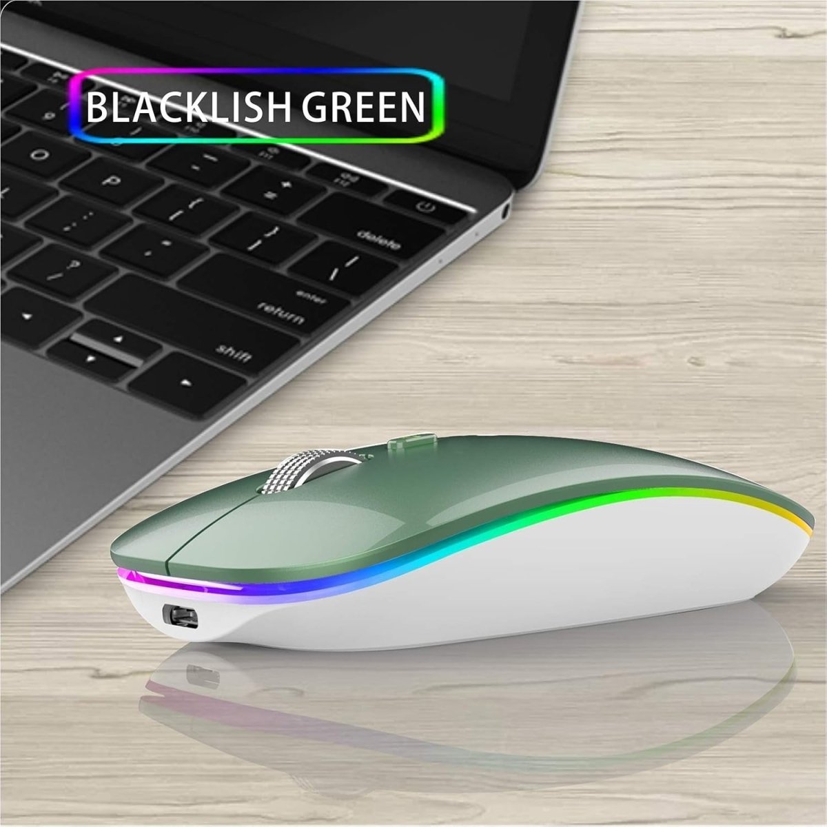 Rechargeable Wireless Mouse 2.4G Silent USB Slim LED Green - Kwikley