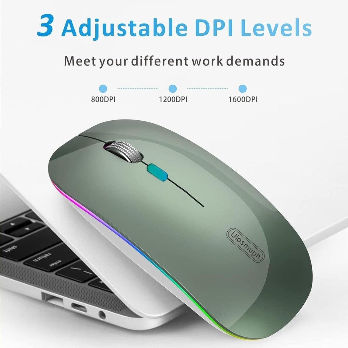Rechargeable Wireless Mouse 2.4G Silent USB Slim LED Green - Kwikley