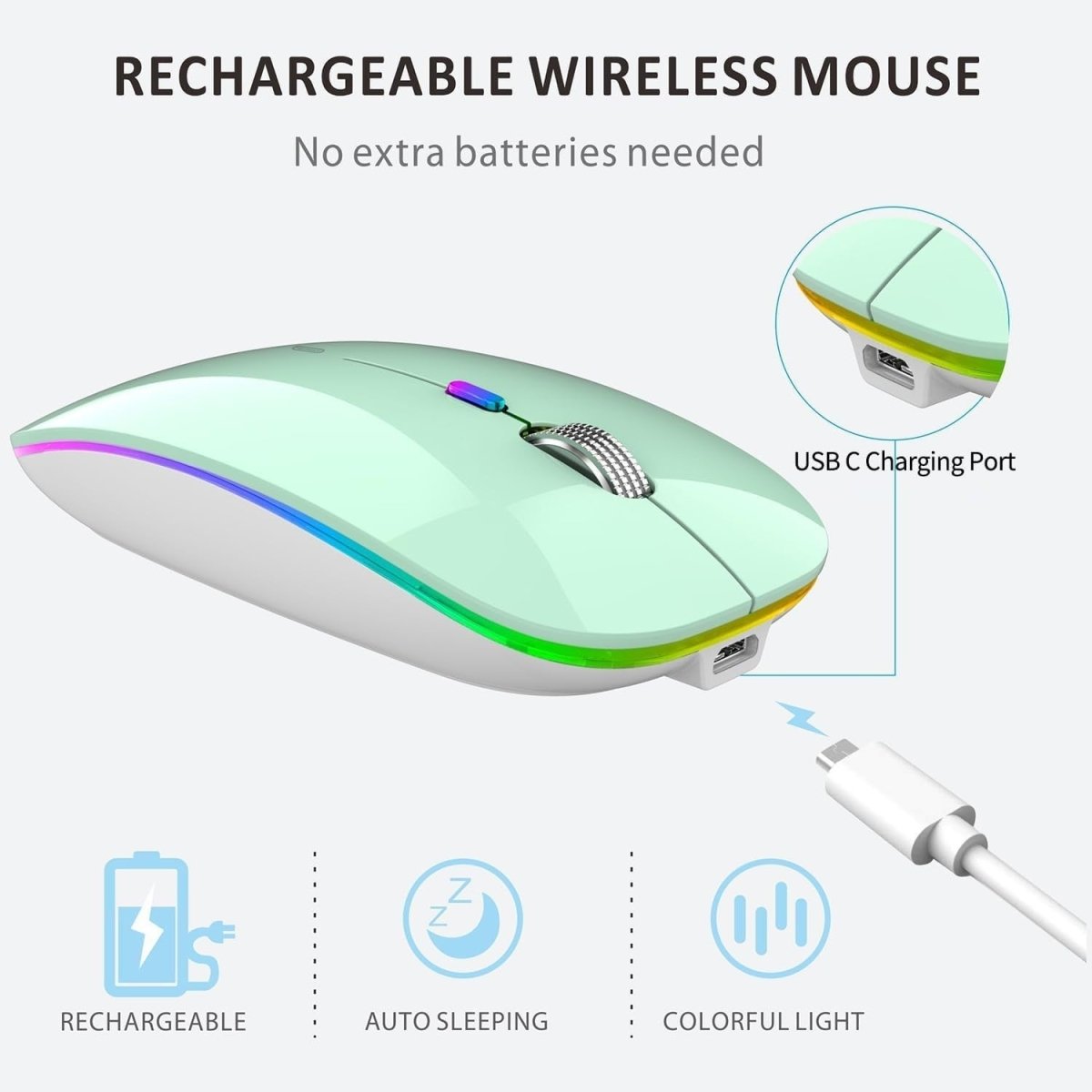 Rechargeable Wireless Mouse 2.4G Silent USB Slim LED Mint - Kwikley
