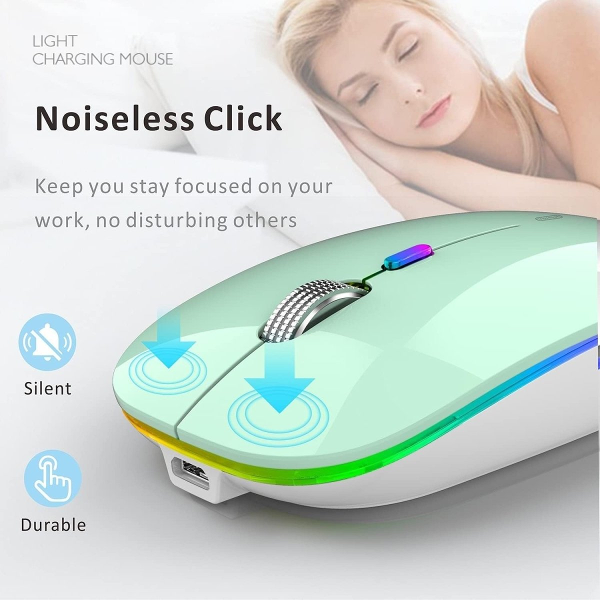 Rechargeable Wireless Mouse 2.4G Silent USB Slim LED Mint - Kwikley