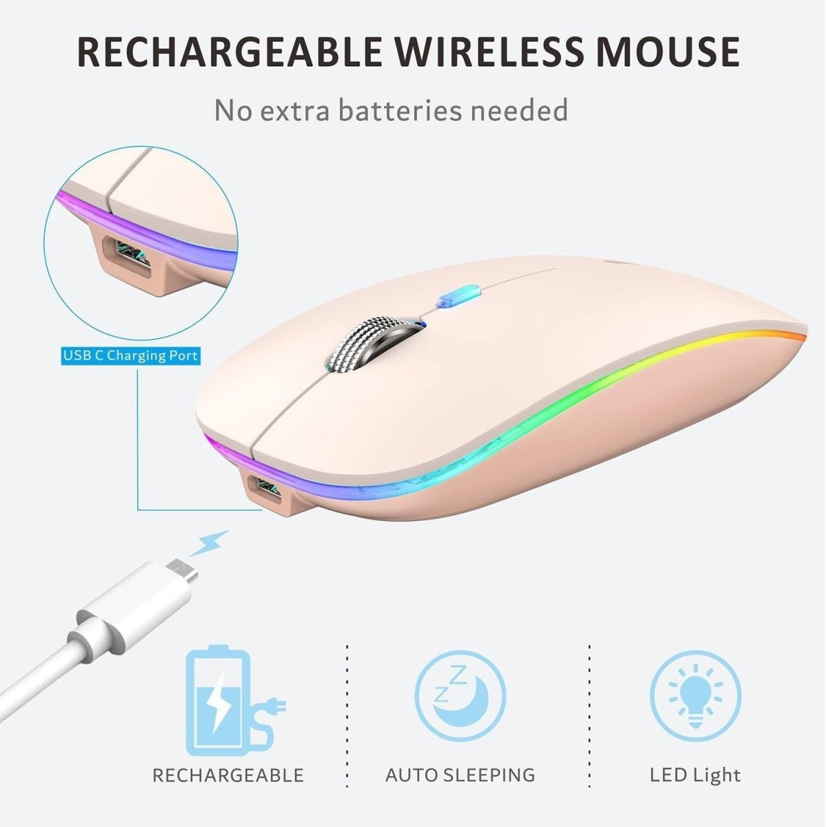 Rechargeable Wireless Mouse 2.4G Silent USB Slim LED Pink - Kwikley