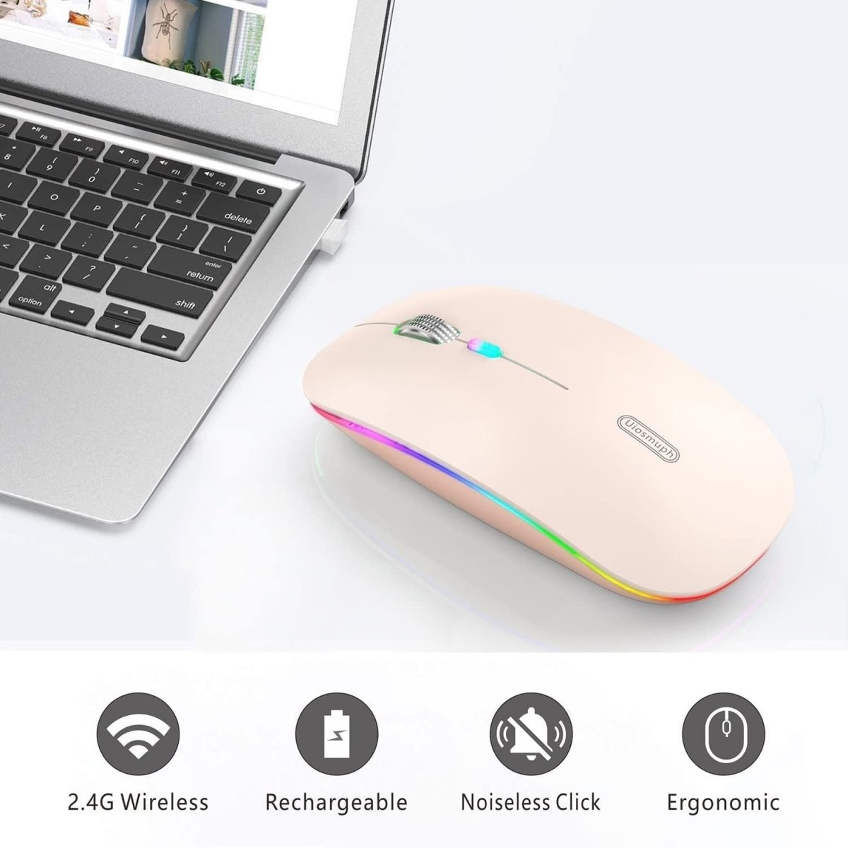Rechargeable Wireless Mouse 2.4G Silent USB Slim LED Pink - Kwikley