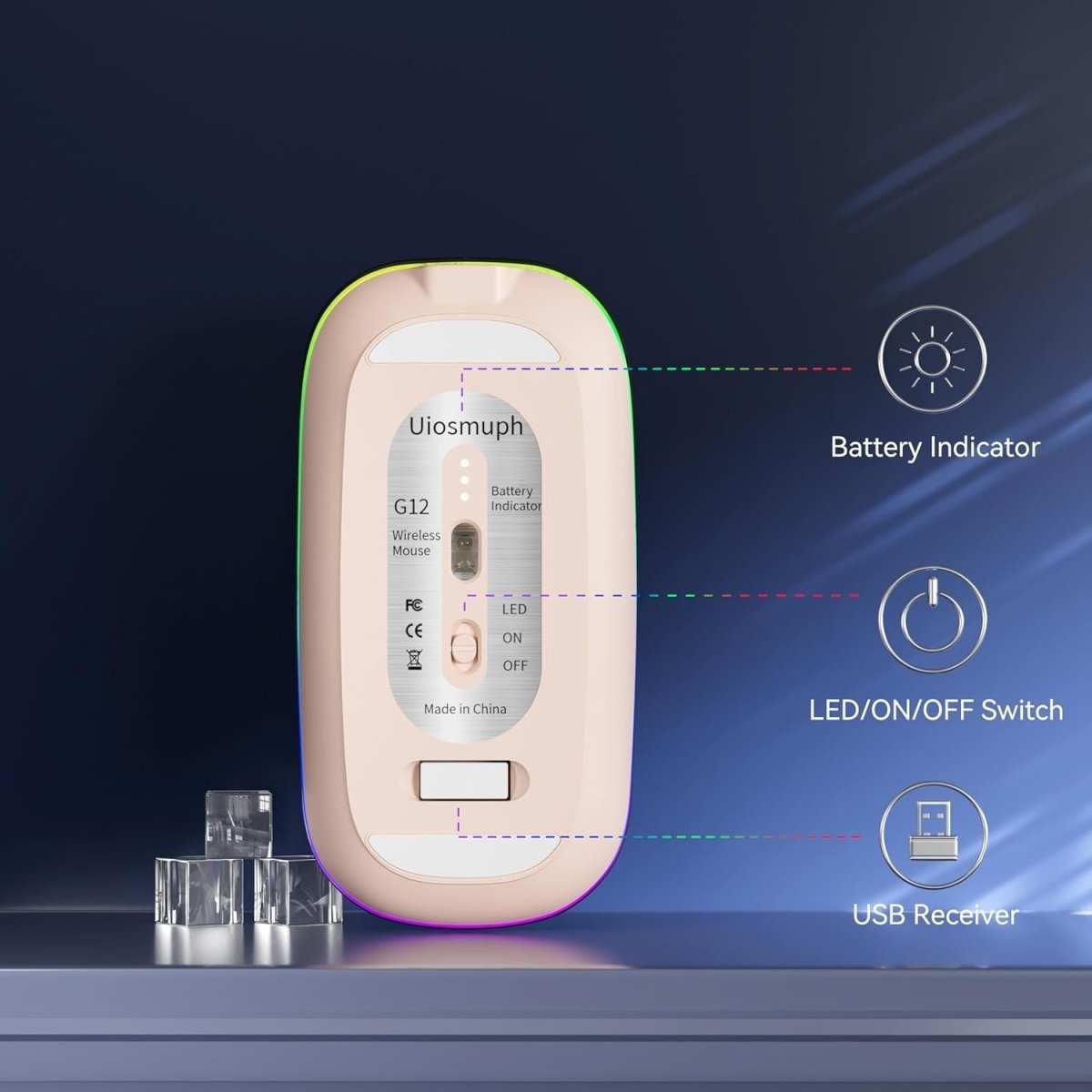 Rechargeable Wireless Mouse 2.4G Silent USB Slim LED Pink - Kwikley