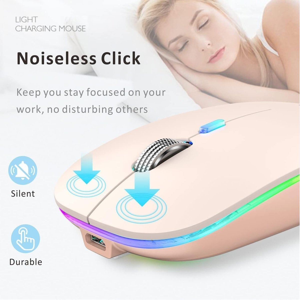 Rechargeable Wireless Mouse 2.4G Silent USB Slim LED Pink - Kwikley