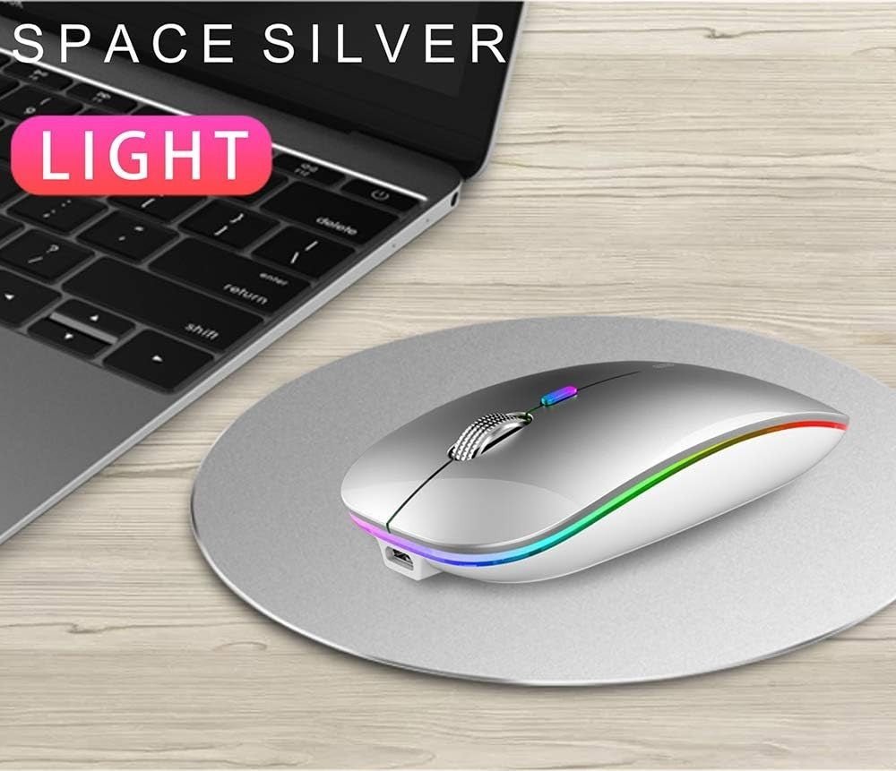 Rechargeable Wireless Mouse 2.4G Silent USB Slim LED Silver - Kwikley