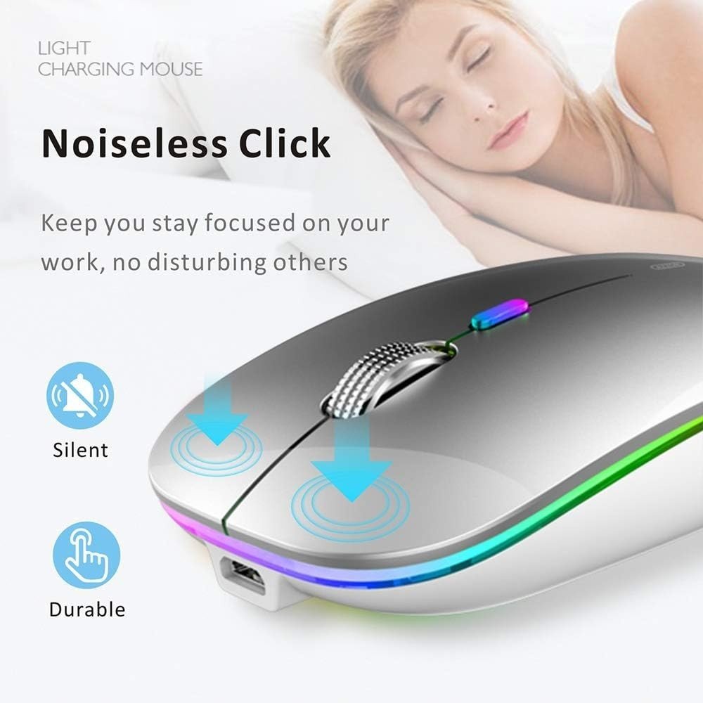 Rechargeable Wireless Mouse 2.4G Silent USB Slim LED Silver - Kwikley