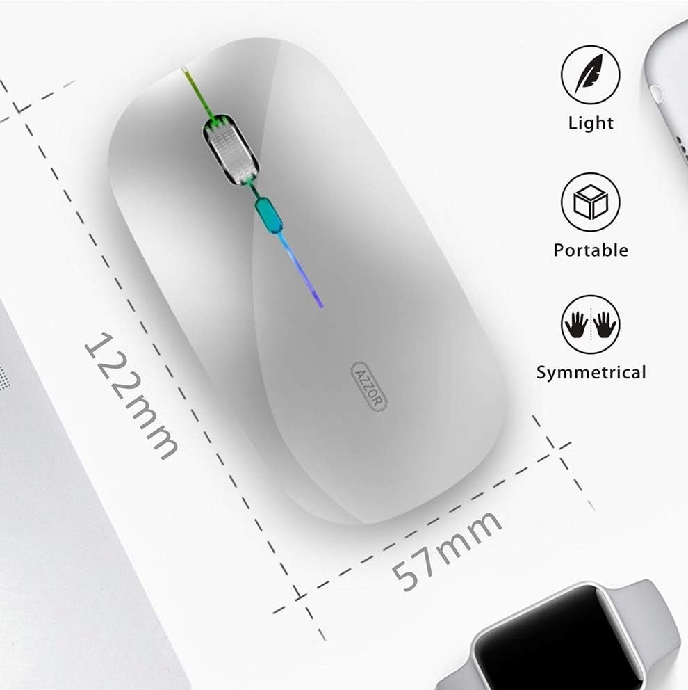 Rechargeable Wireless Mouse 2.4G Silent USB Slim LED Silver - Kwikley