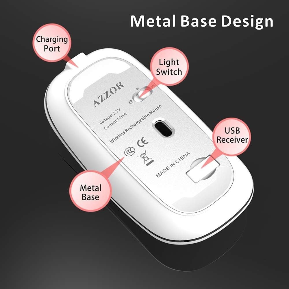 Rechargeable Wireless Mouse 2.4G Silent USB Slim LED Silver - Kwikley