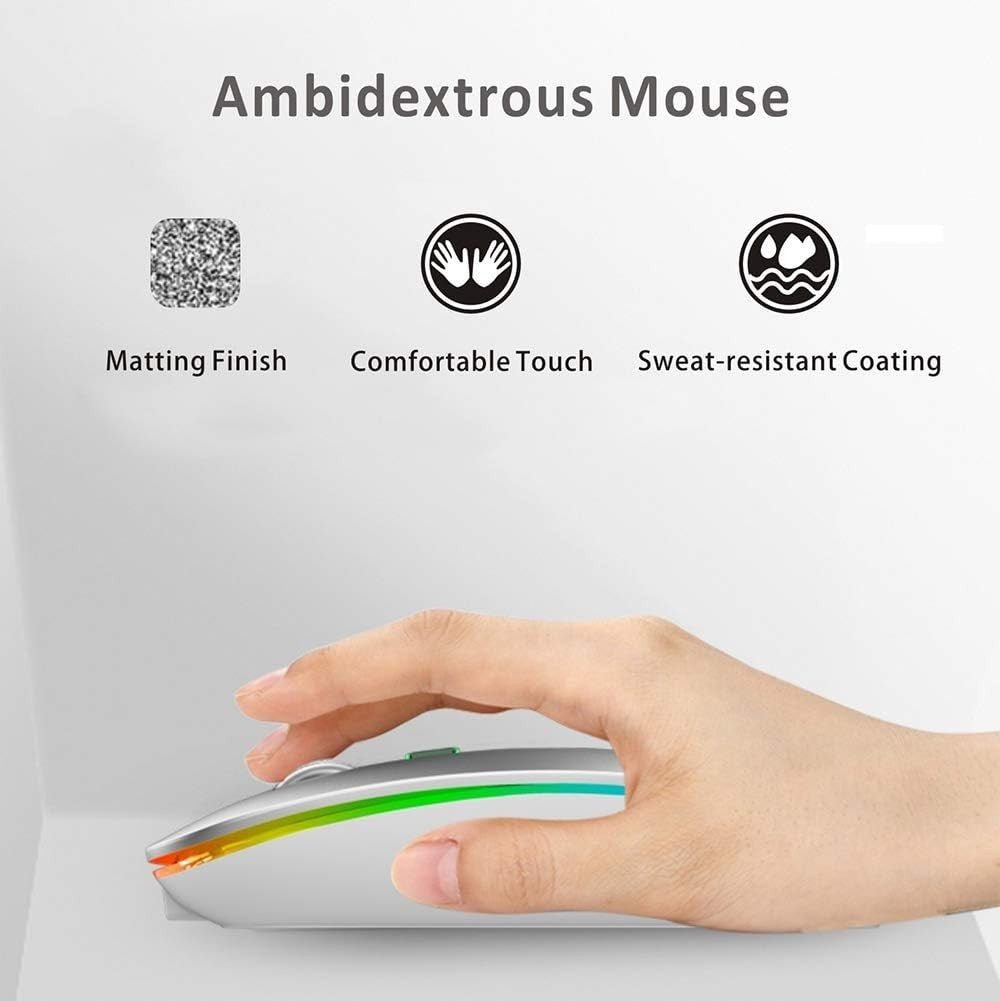 Rechargeable Wireless Mouse 2.4G Silent USB Slim LED Silver - Kwikley
