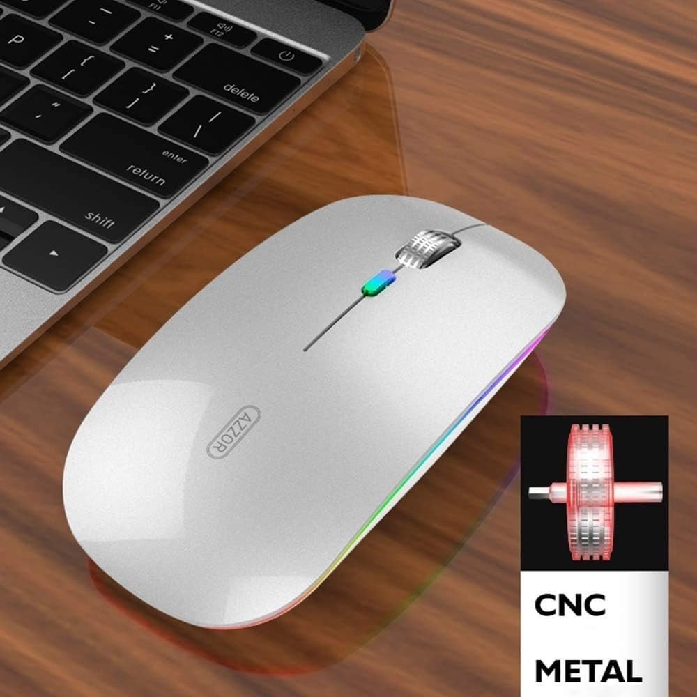 Rechargeable Wireless Mouse 2.4G Silent USB Slim LED Silver - Kwikley