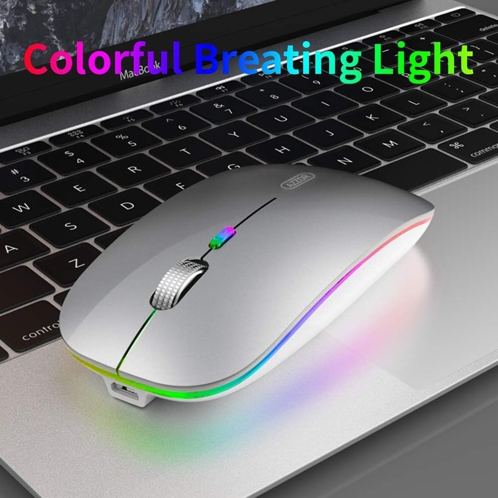 Rechargeable Wireless Mouse 2.4G Silent USB Slim LED Silver - Kwikley