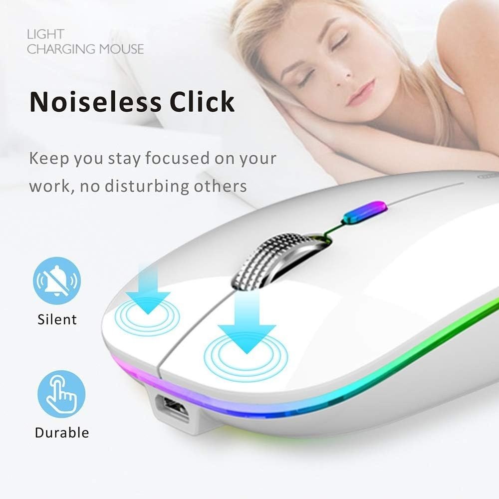 Rechargeable Wireless Mouse 2.4G Silent USB Slim LED White - Kwikley