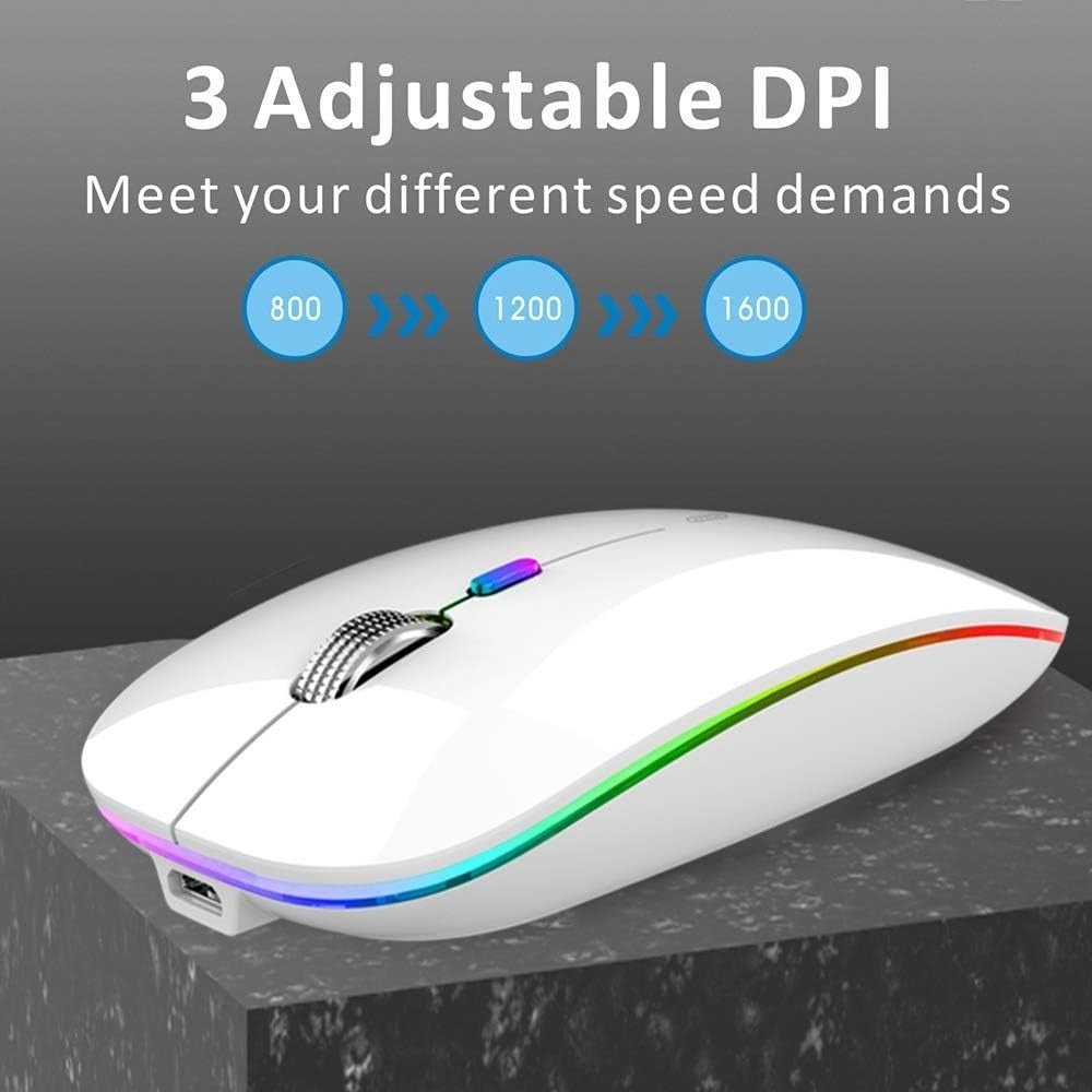 Rechargeable Wireless Mouse 2.4G Silent USB Slim LED White - Kwikley