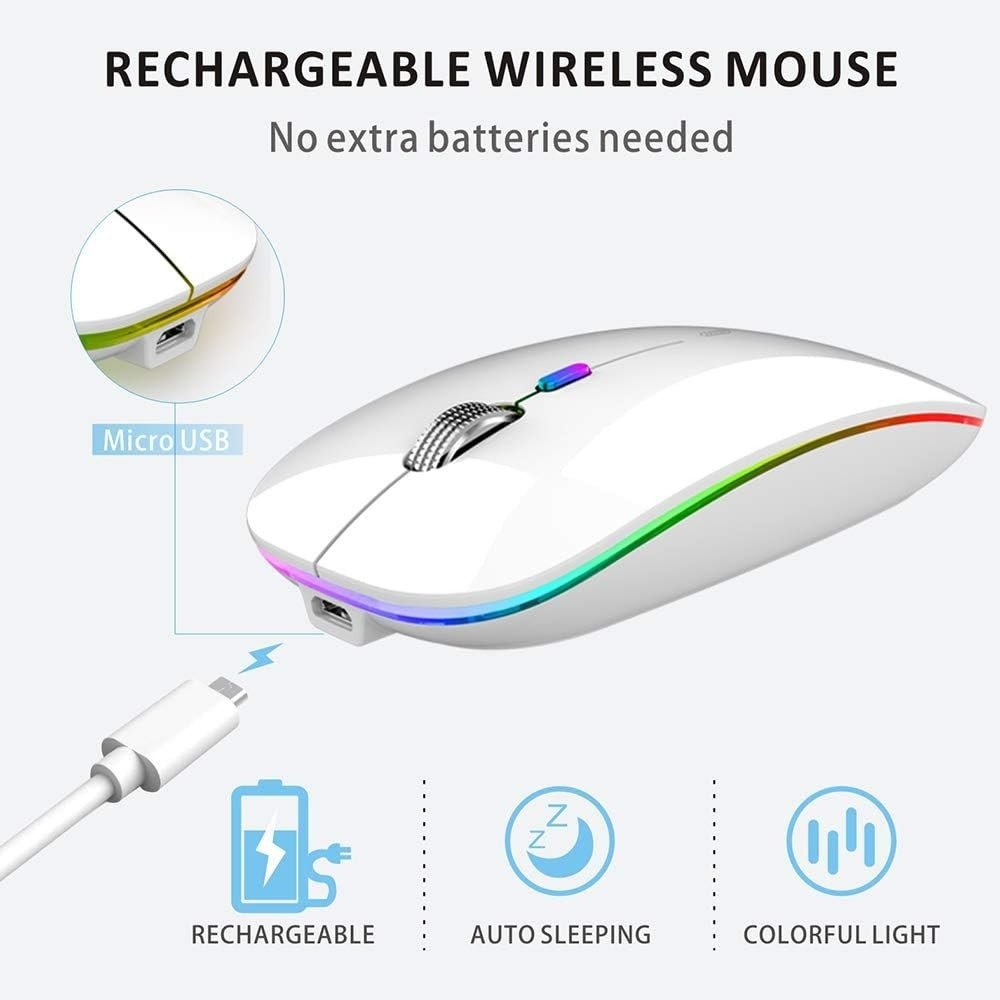 Rechargeable Wireless Mouse 2.4G Silent USB Slim LED White - Kwikley