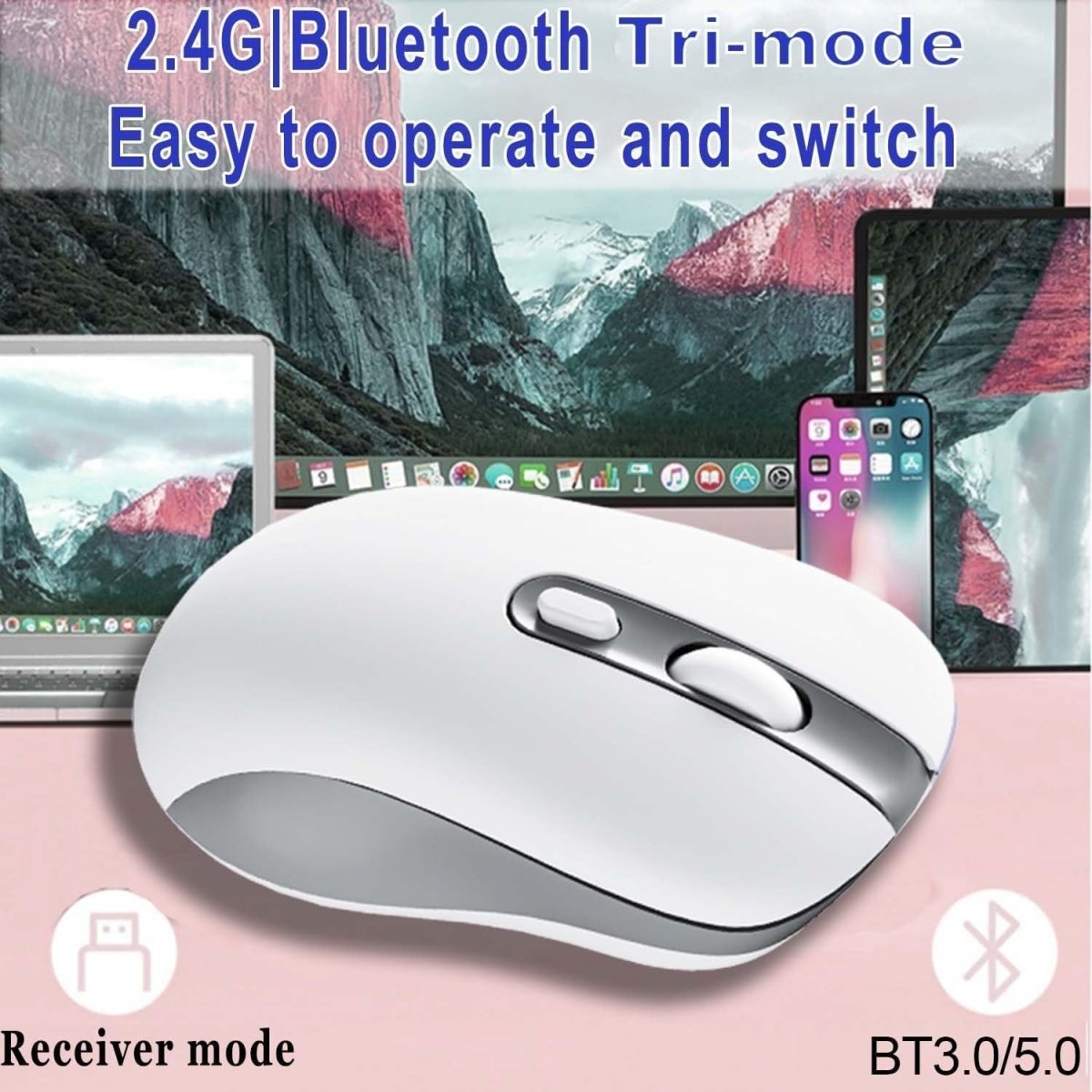 Rechargeable Wireless Mouse Bluetooth Silent 1600DPI 6 Button USB - Kwikley