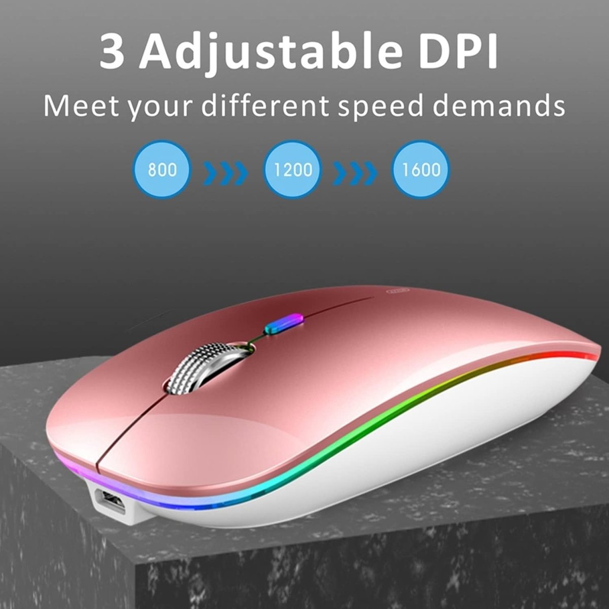 Rechargeable Wireless Mouse USB C Slim Silent LED 2.4G - Kwikley