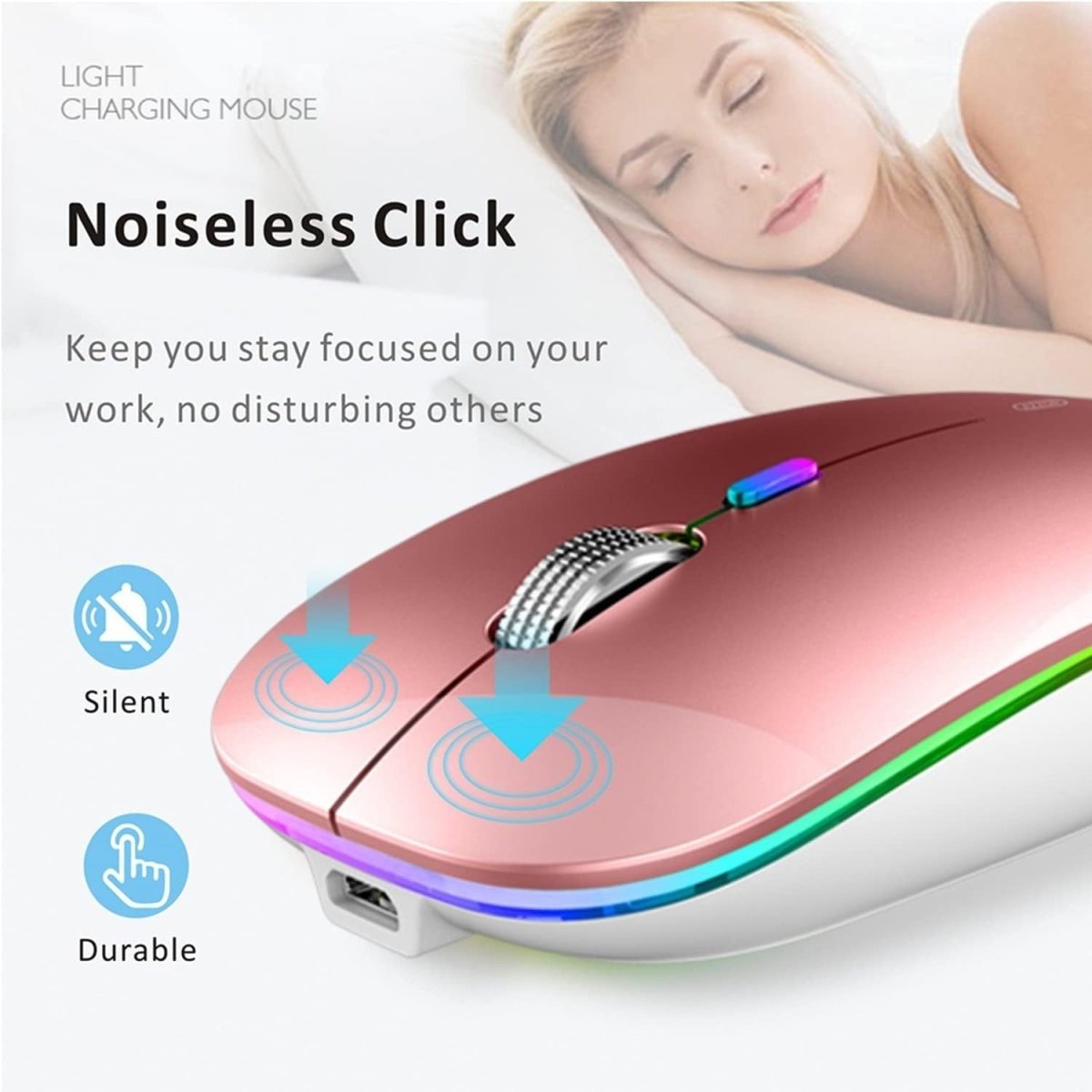Rechargeable Wireless Mouse USB C Slim Silent LED 2.4G - Kwikley