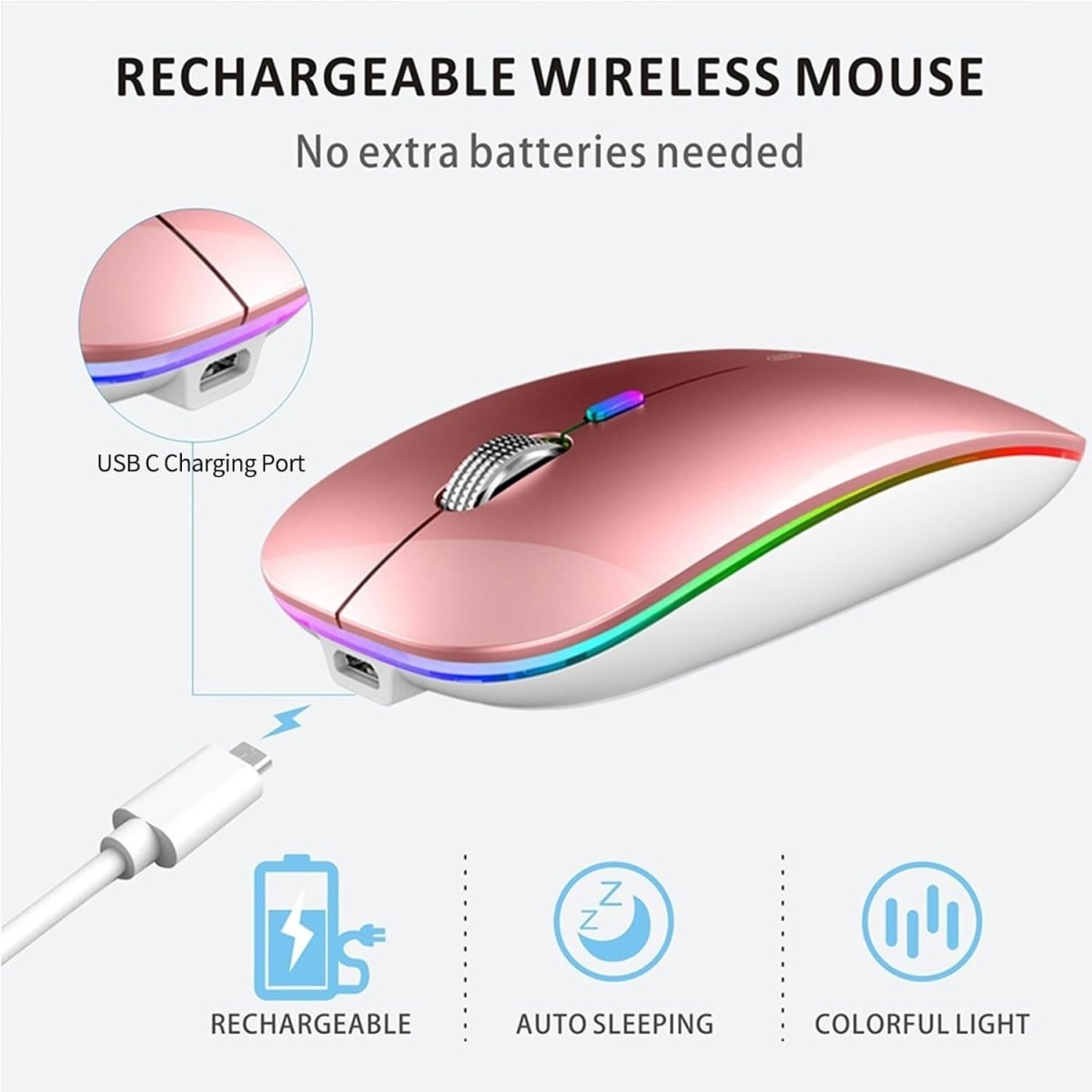 Rechargeable Wireless Mouse USB C Slim Silent LED 2.4G - Kwikley