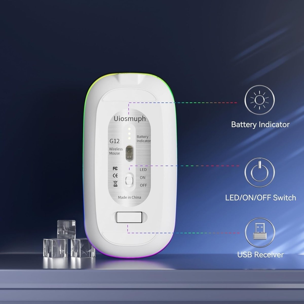 Rechargeable Wireless Mouse USB C Slim Silent LED 2.4G Blue - Kwikley