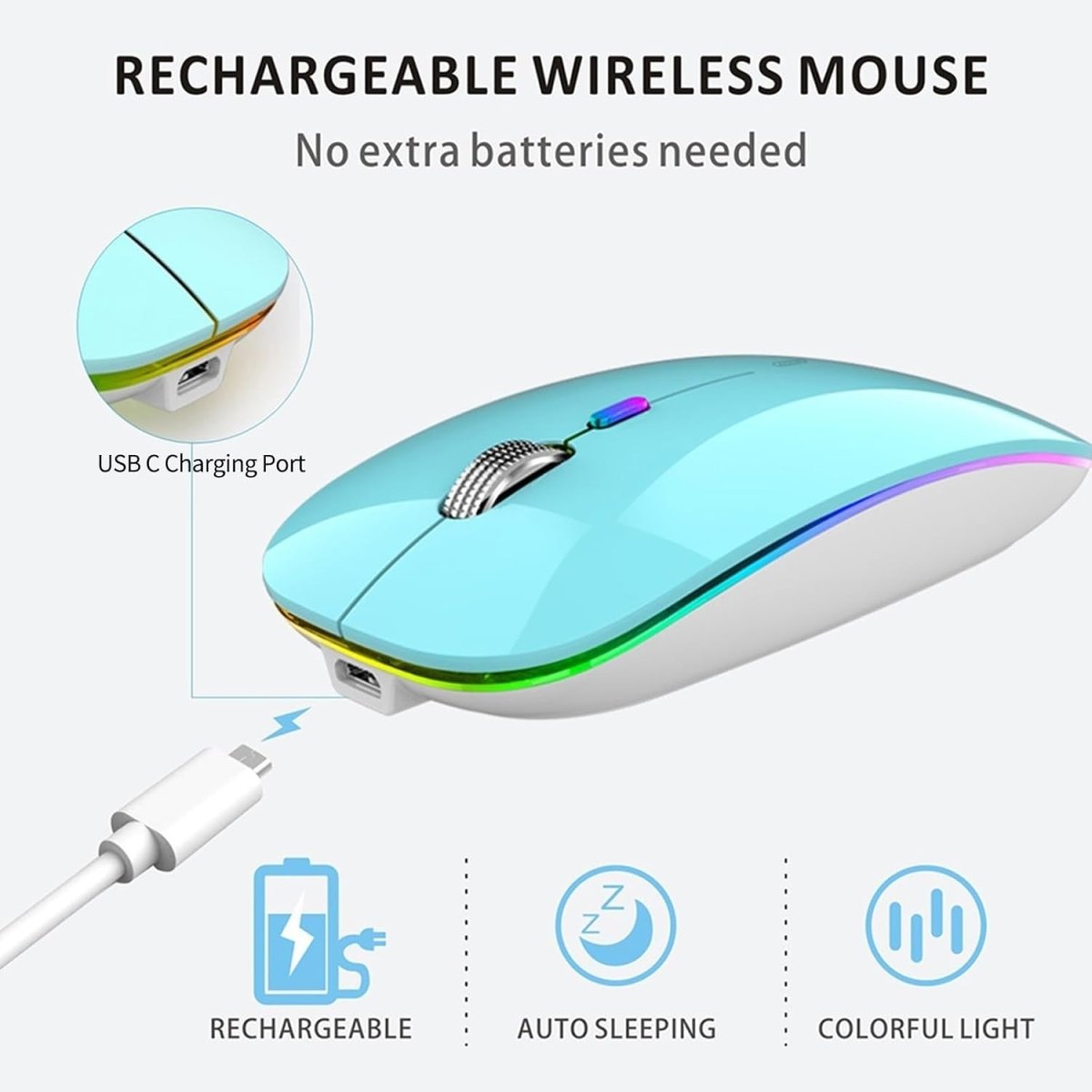 Rechargeable Wireless Mouse USB C Slim Silent LED 2.4G Blue - Kwikley