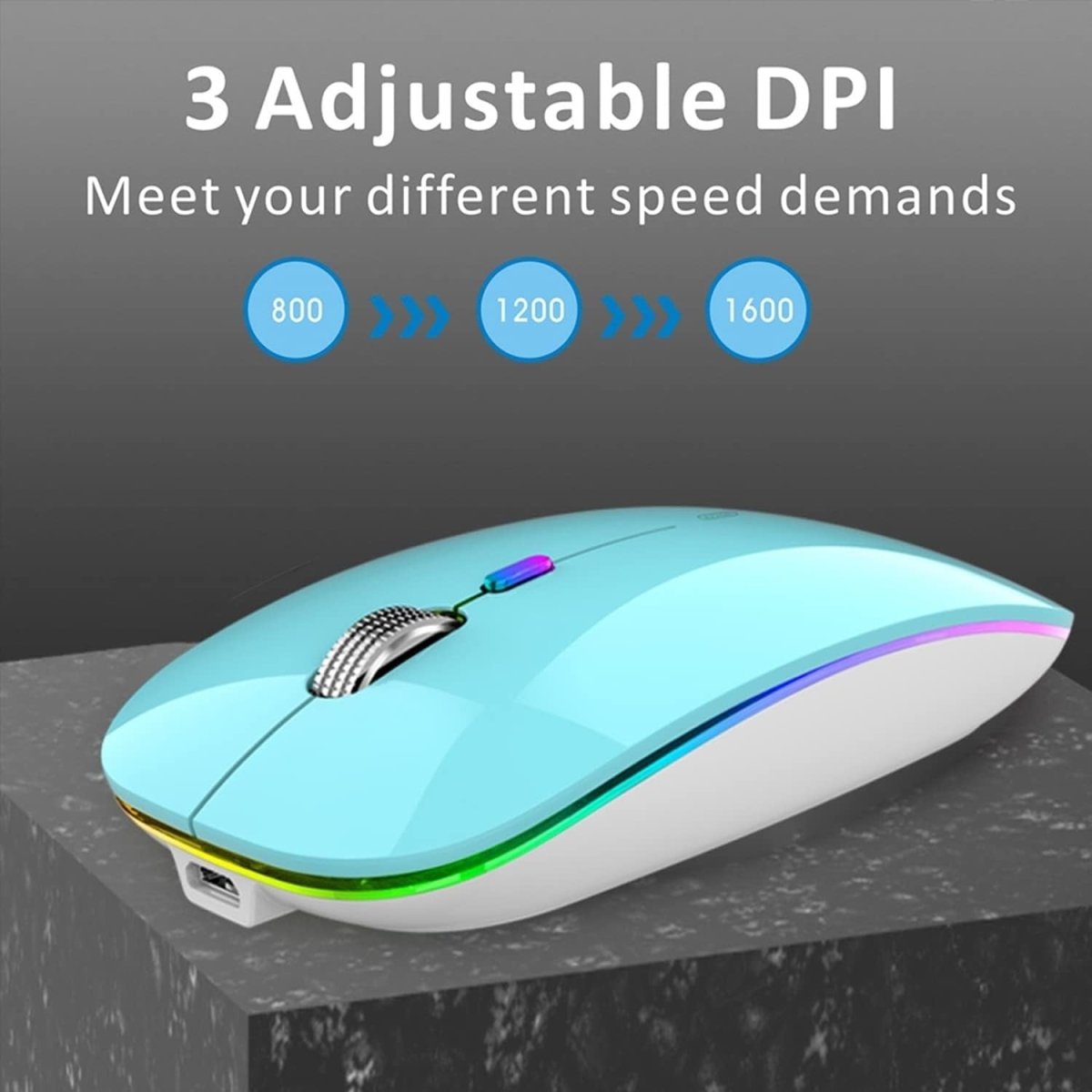 Rechargeable Wireless Mouse USB C Slim Silent LED 2.4G Blue - Kwikley