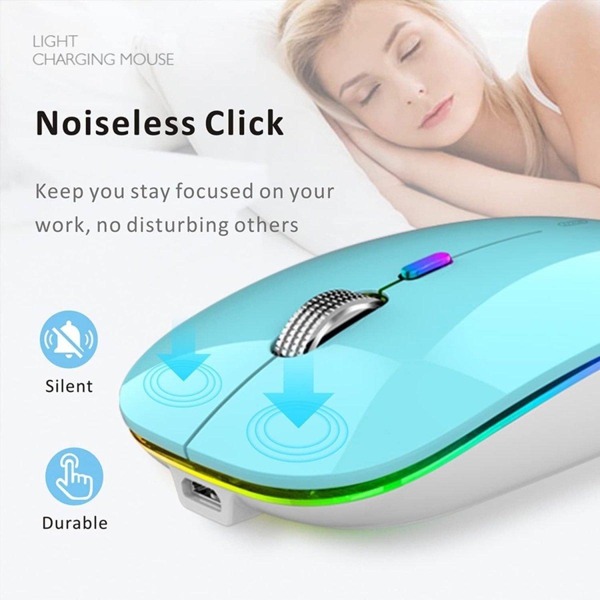 Rechargeable Wireless Mouse USB C Slim Silent LED 2.4G Blue - Kwikley