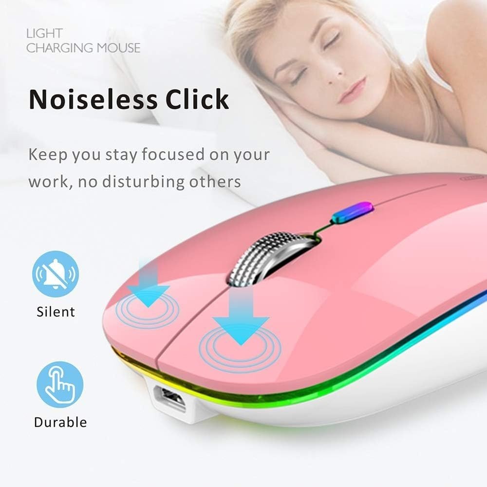 Rechargeable Wireless Mouse USB C Slim Silent LED 2.4G Pink - Kwikley