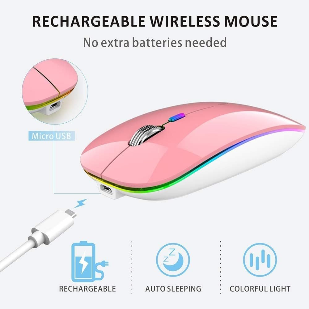 Rechargeable Wireless Mouse USB C Slim Silent LED 2.4G Pink - Kwikley