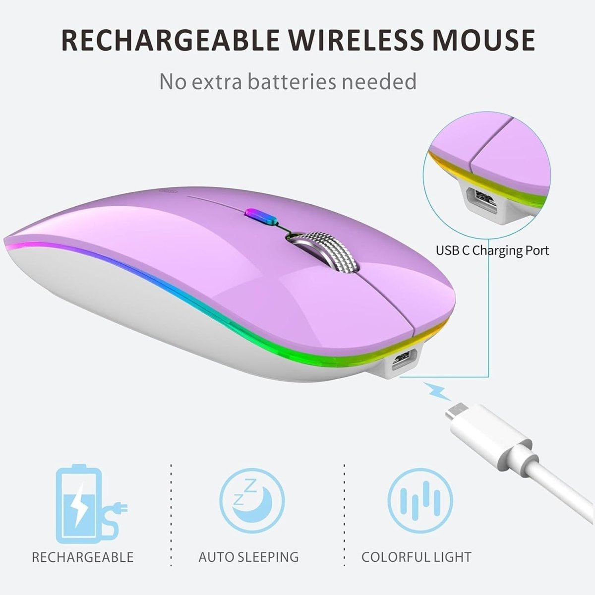 Rechargeable Wireless Mouse USB C Slim Silent LED 2.4G Purple - Kwikley