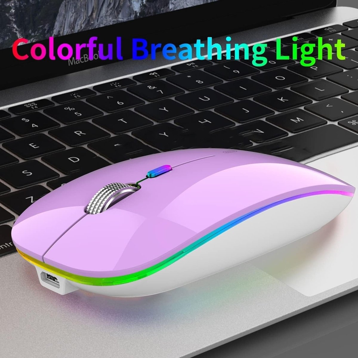 Rechargeable Wireless Mouse USB C Slim Silent LED 2.4G Purple - Kwikley