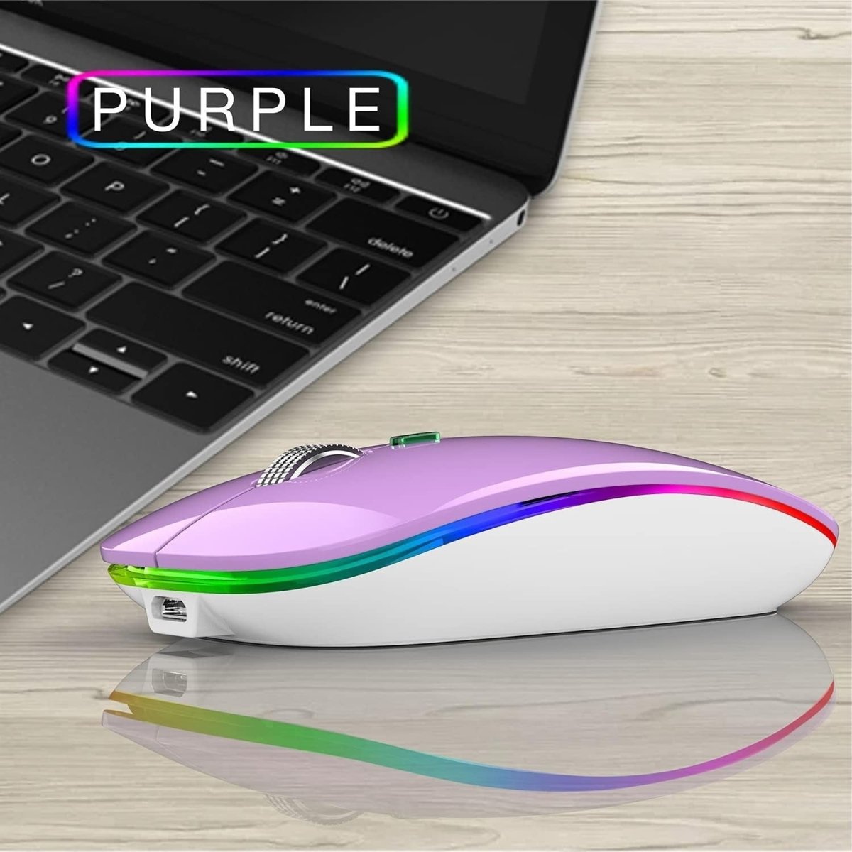 Rechargeable Wireless Mouse USB C Slim Silent LED 2.4G Purple - Kwikley
