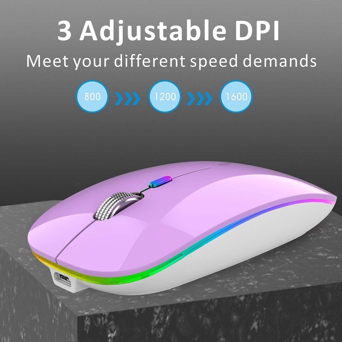 Rechargeable Wireless Mouse USB C Slim Silent LED 2.4G Purple - Kwikley