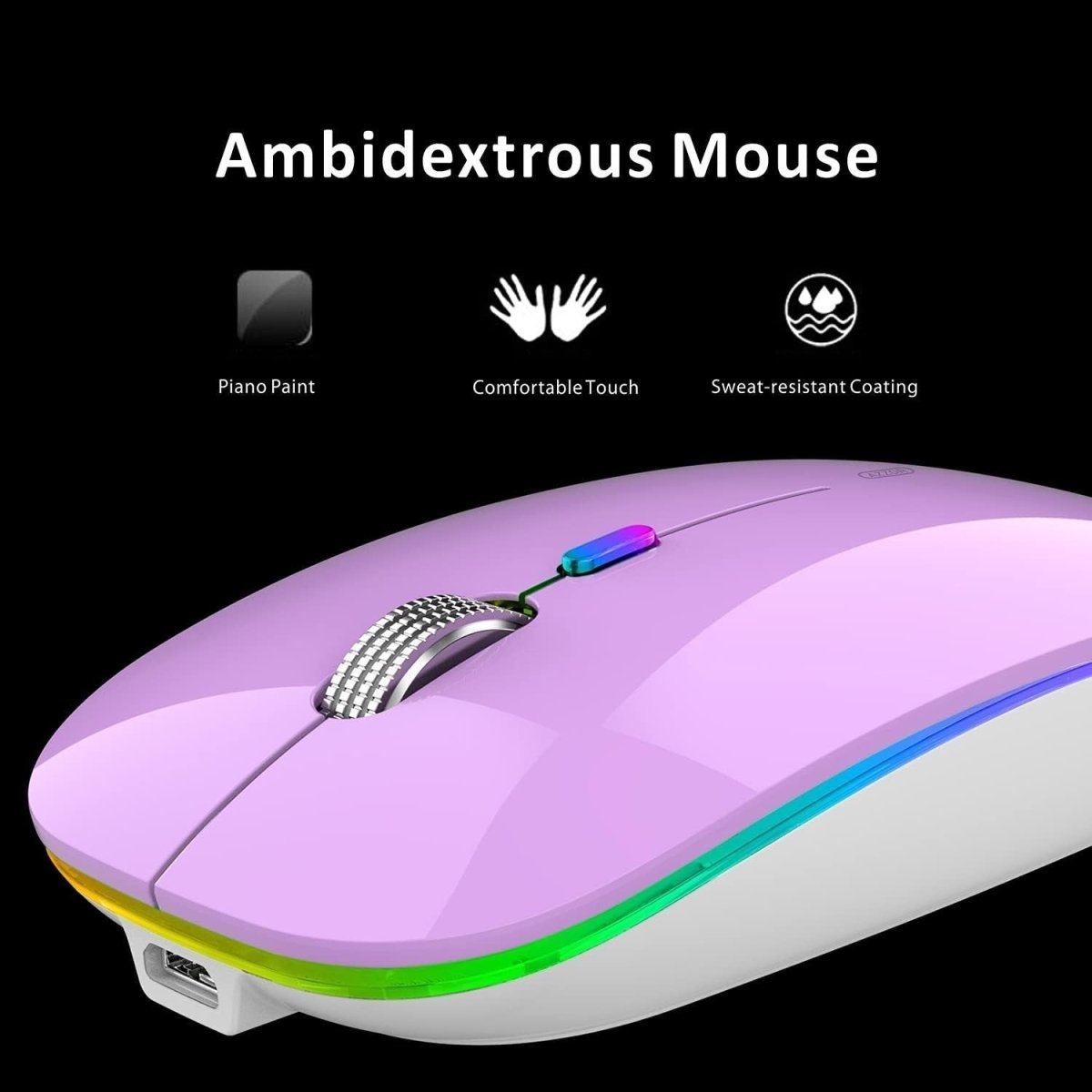 Rechargeable Wireless Mouse USB C Slim Silent LED 2.4G Purple - Kwikley