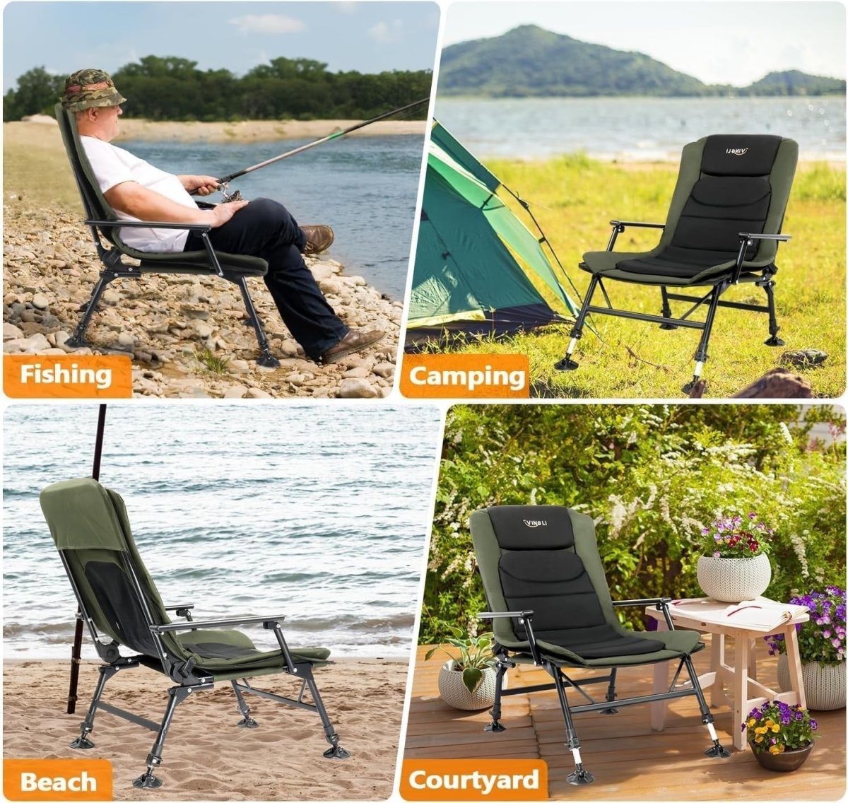 Reclining Fishing Chair w/ Footrest, Folding Padded Lounger 160kg Outdoor - Kwikley