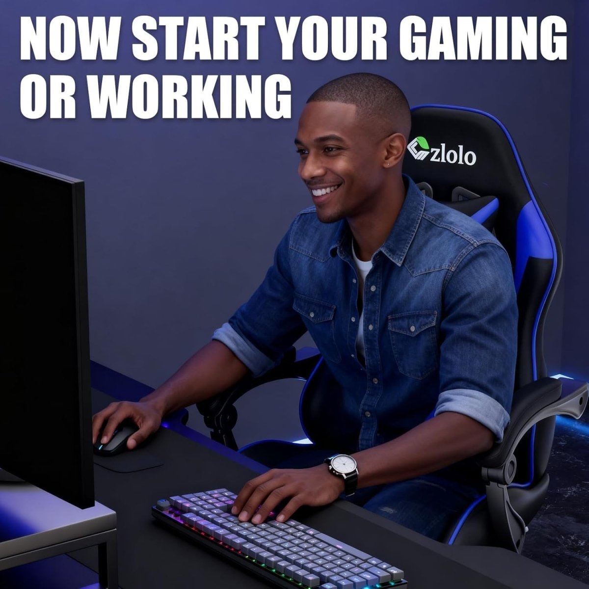 Reclining Gaming Chair w/ Footrest Massage Lumbar Blue - Kwikley