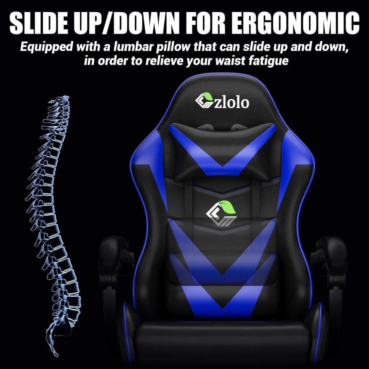 Reclining Gaming Chair w/ Footrest Massage Lumbar Blue - Kwikley