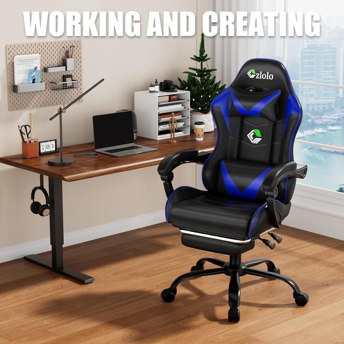 Reclining Gaming Chair w/ Footrest Massage Lumbar Blue - Kwikley